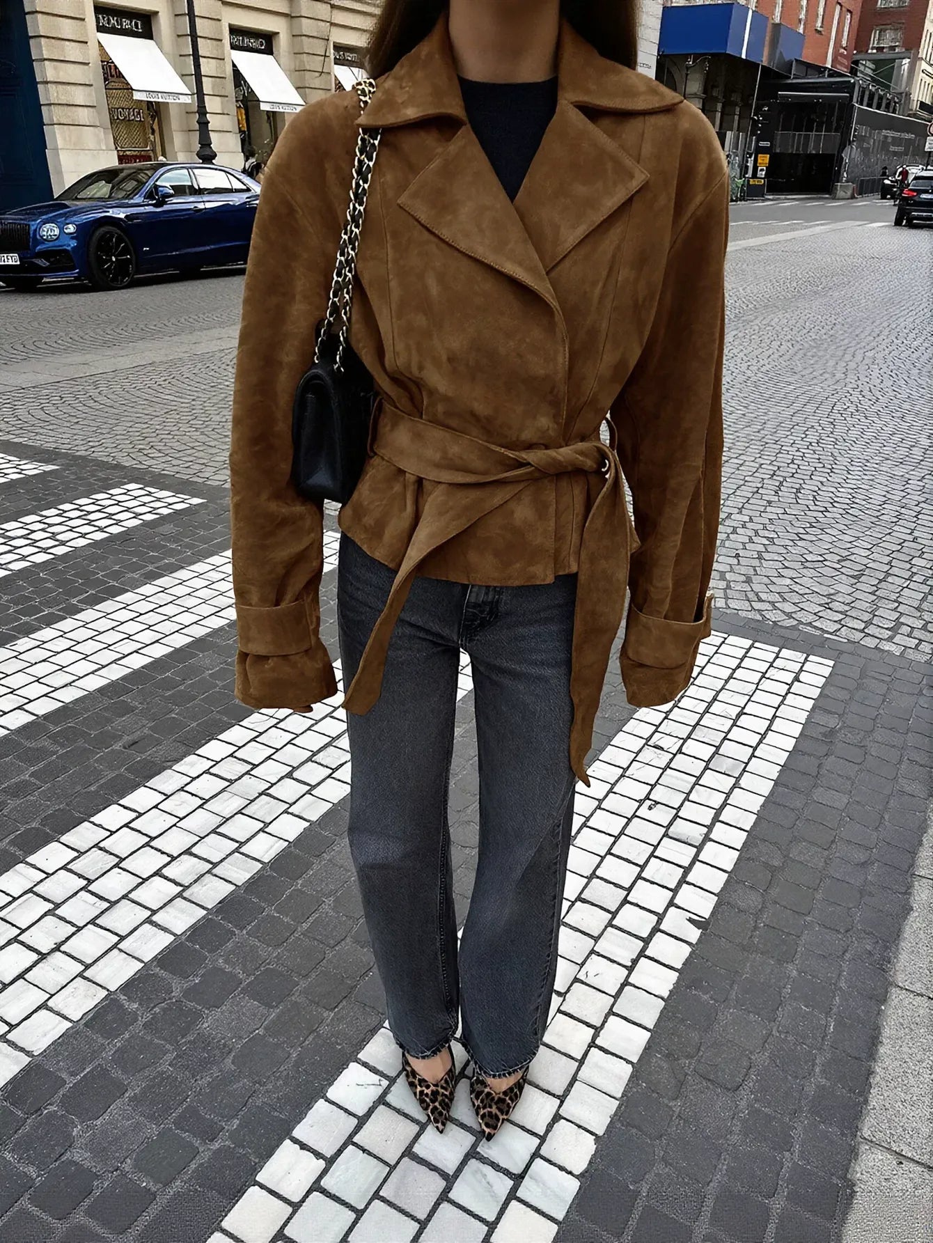 Belted Suede Notch Collar Jacket