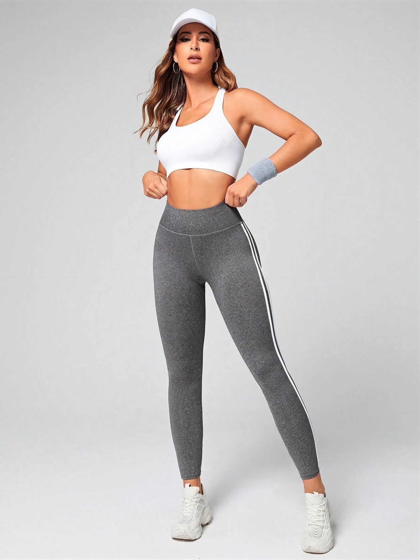 High-Waisted Contrast-Stripe Workout Leggings-Gray
