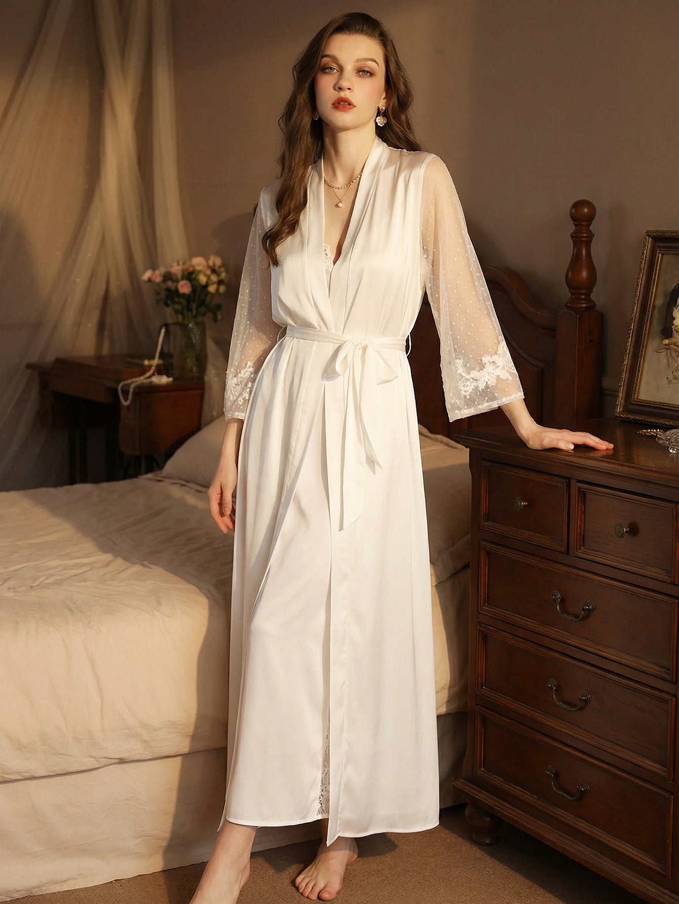 Long Satin Lace-Sleeve Elegant Robe