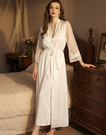 Long Satin Lace-Sleeve Elegant Robe
