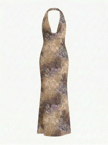 Floral Print Cowl Neck Bodycon Maxi Dress