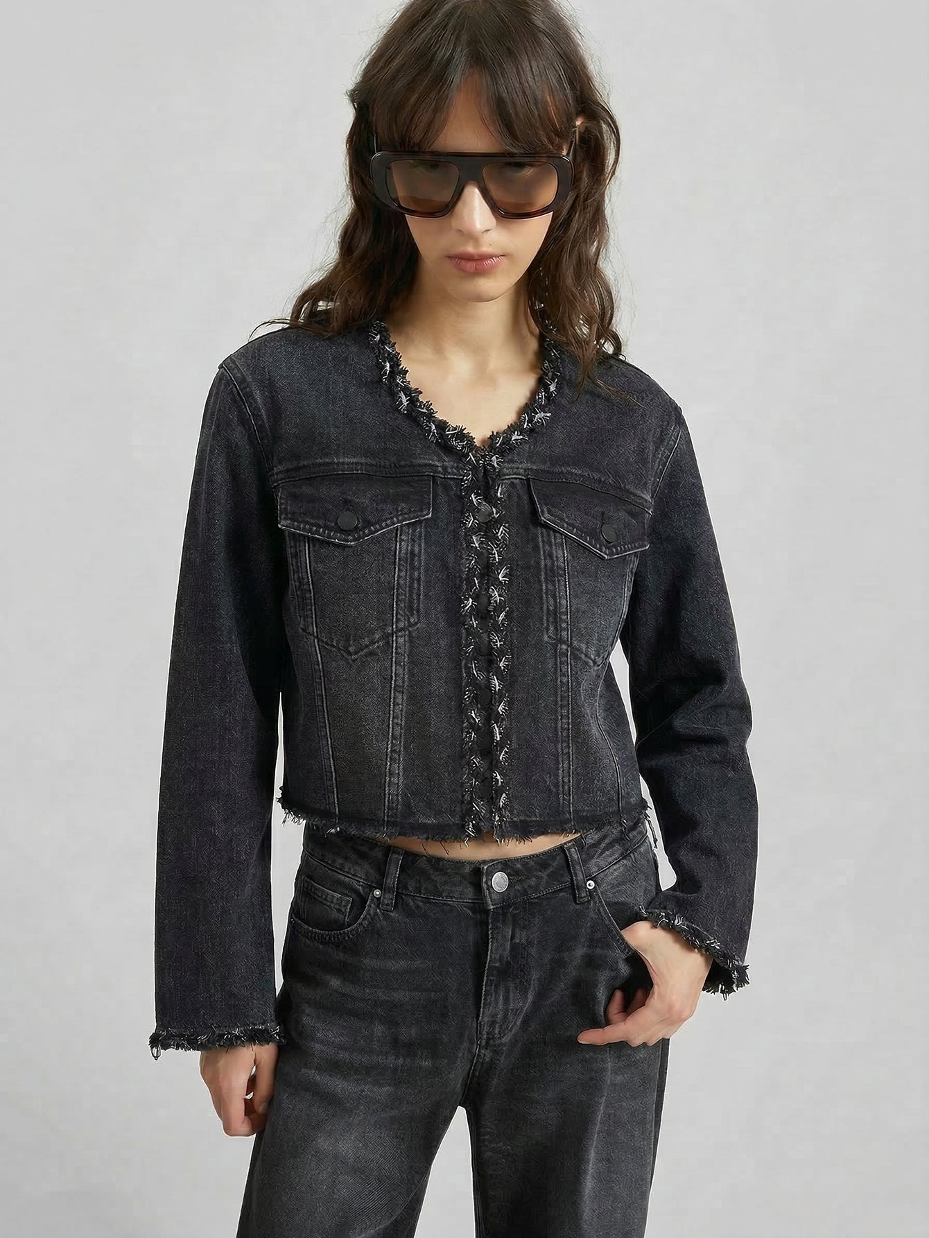Cropped Collarless Denim Jacket