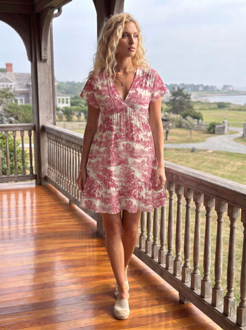 Red Toile Print Mini Dress