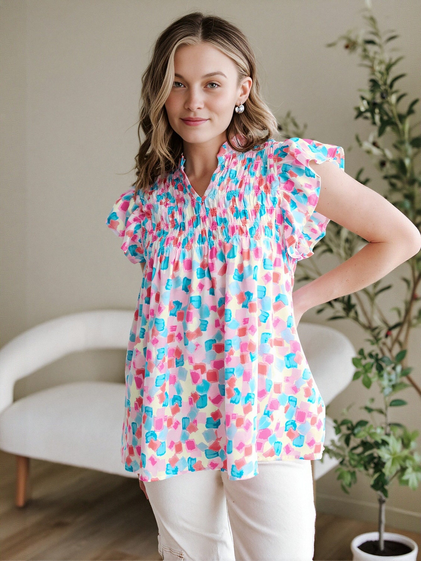 Smocked Bust Flutter Sleeve Blouse
