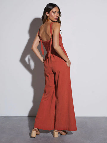 V Neck Pocket Detail Casual Jumpsuit-Multicolor