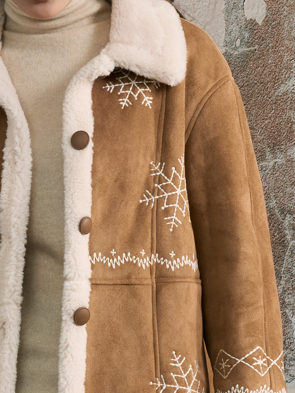 Embroidered Snowflake Faux Suede Sherpa Coat