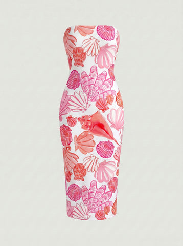 MAIA Floral Print Strapless Sheath Midi Dress
