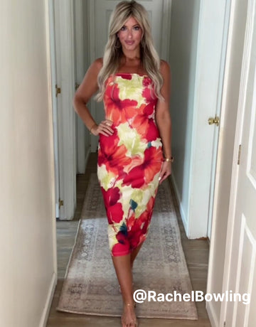 MAIA Tropical Hibiscus Print Strapless Sheath Midi Dress