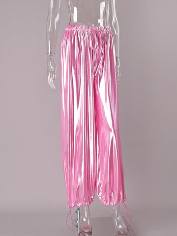 Metallic Satin Drawstring Wide Leg Pants