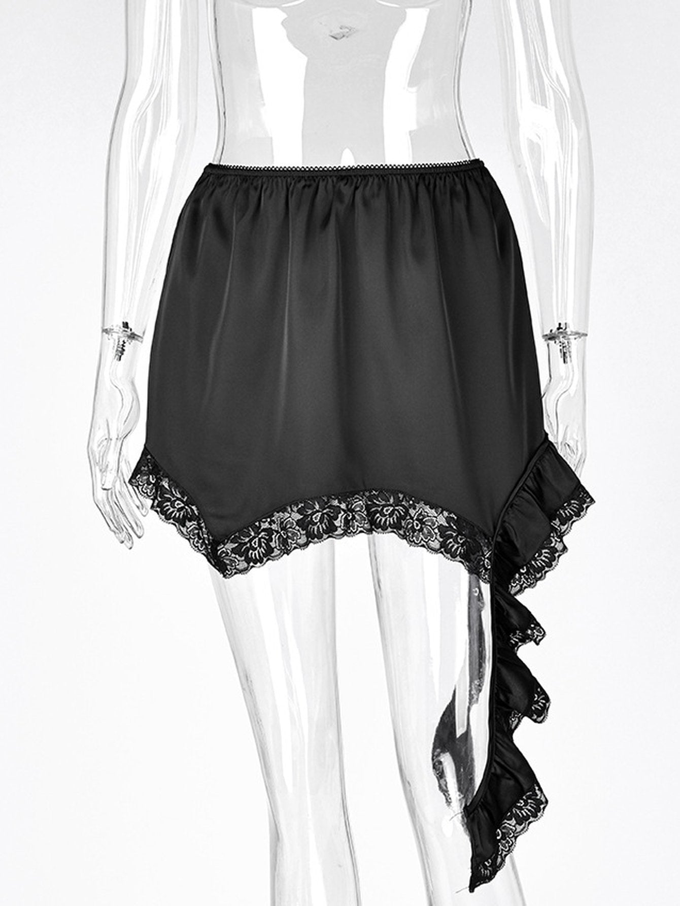 Satin Lace Trim Asymmetric Mini Skirt