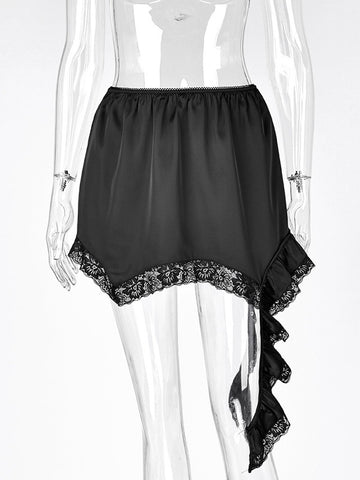 Satin Lace Trim Asymmetric Mini Skirt