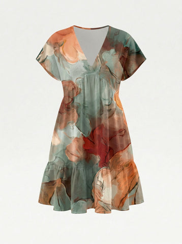 EVA Floral Print V Neck Tiered Babydoll Mini Dress
