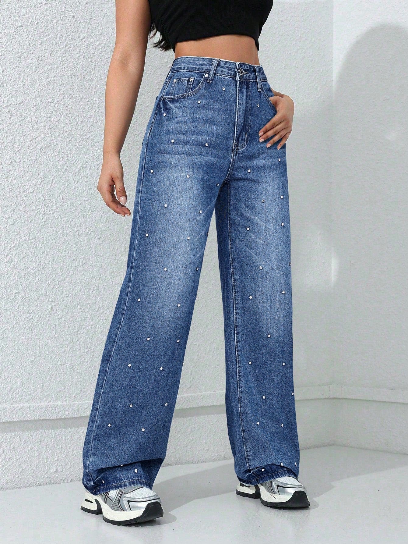 Rhinestone Embellished High Waisted Wide Leg Jeans