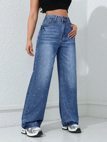 Rhinestone Embellished High Waisted Wide Leg Jeans