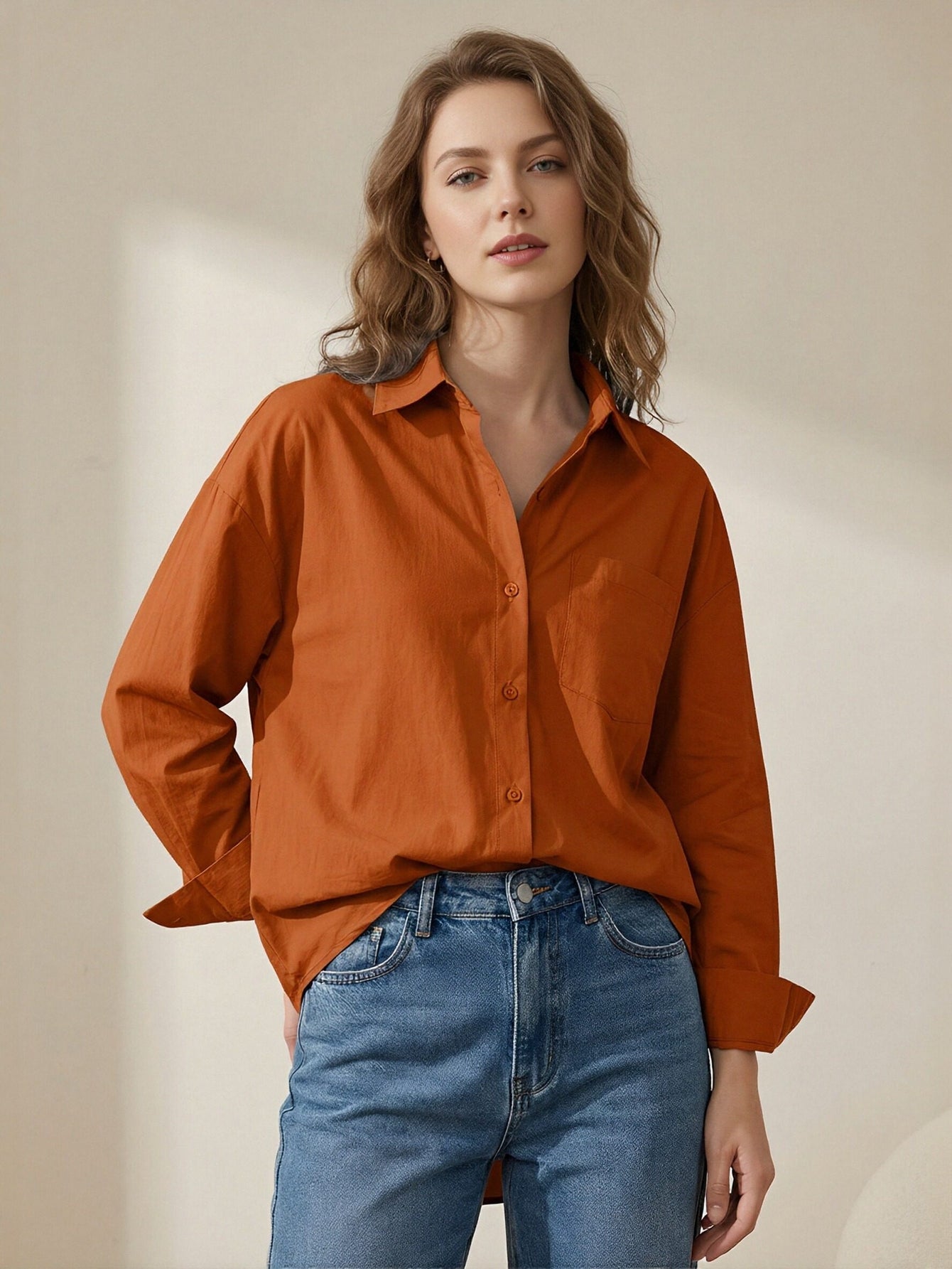 Classic Collar Long Sleeve Chest Pocket Classic Shirt-Blue