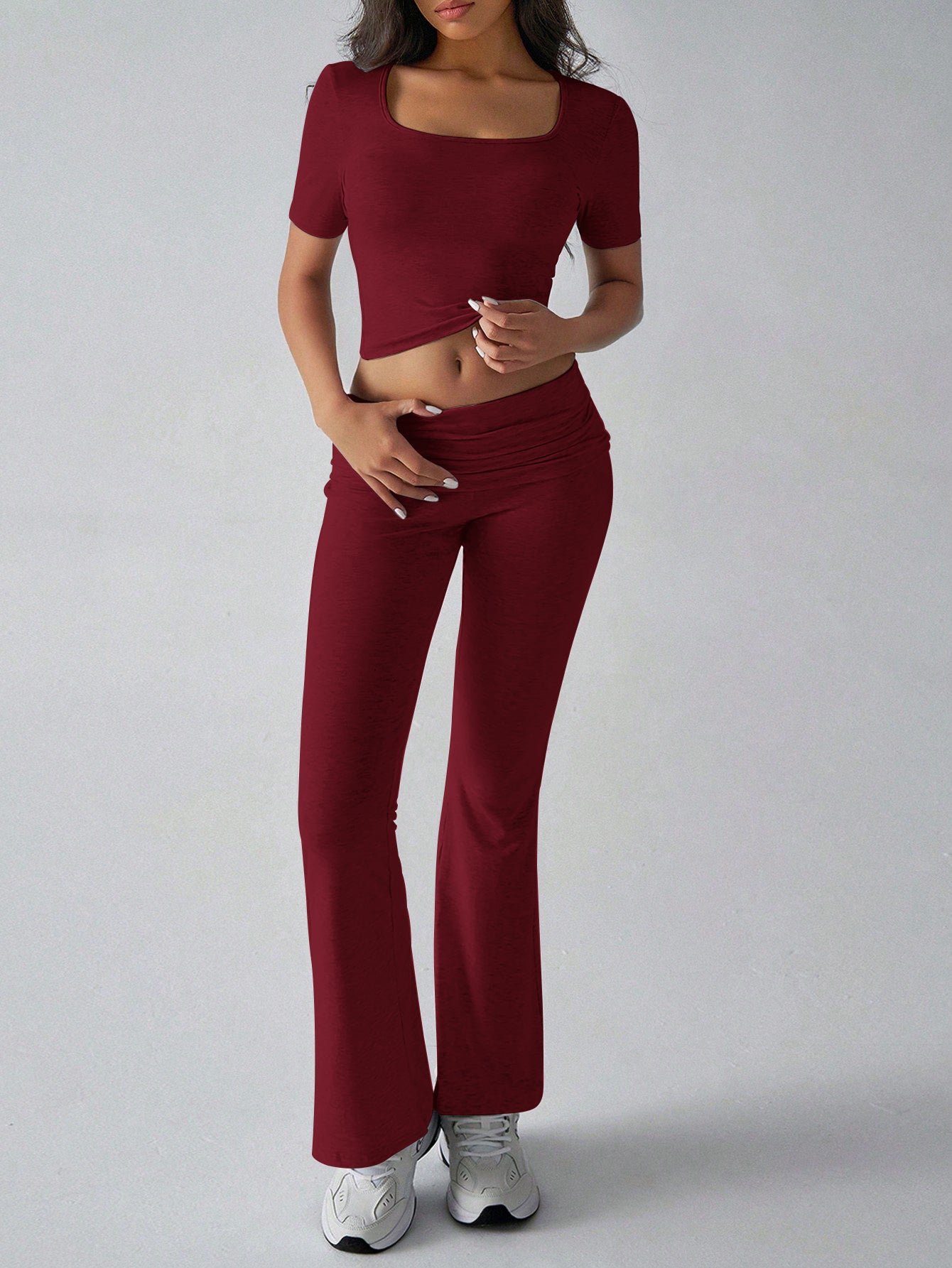 Square Neck Top High-Waisted Flare Pants Casual Set-Gray