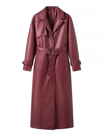 Elegant Belted Faux Leather Trench Coat