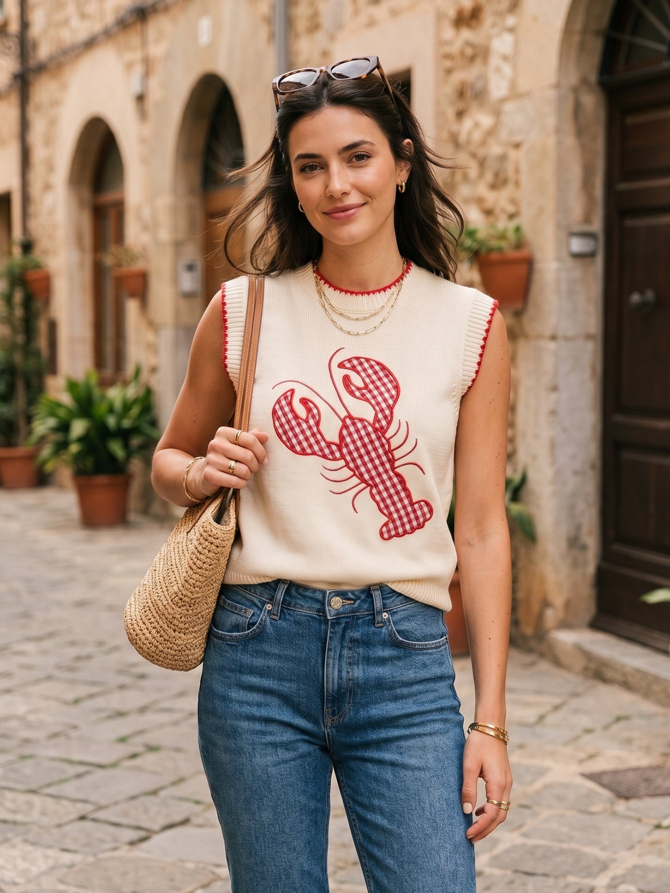 Cute Lobster Print Knit Sweater Vest