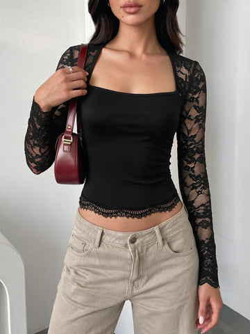 Elegant Lace Sleeve Square Neck Top