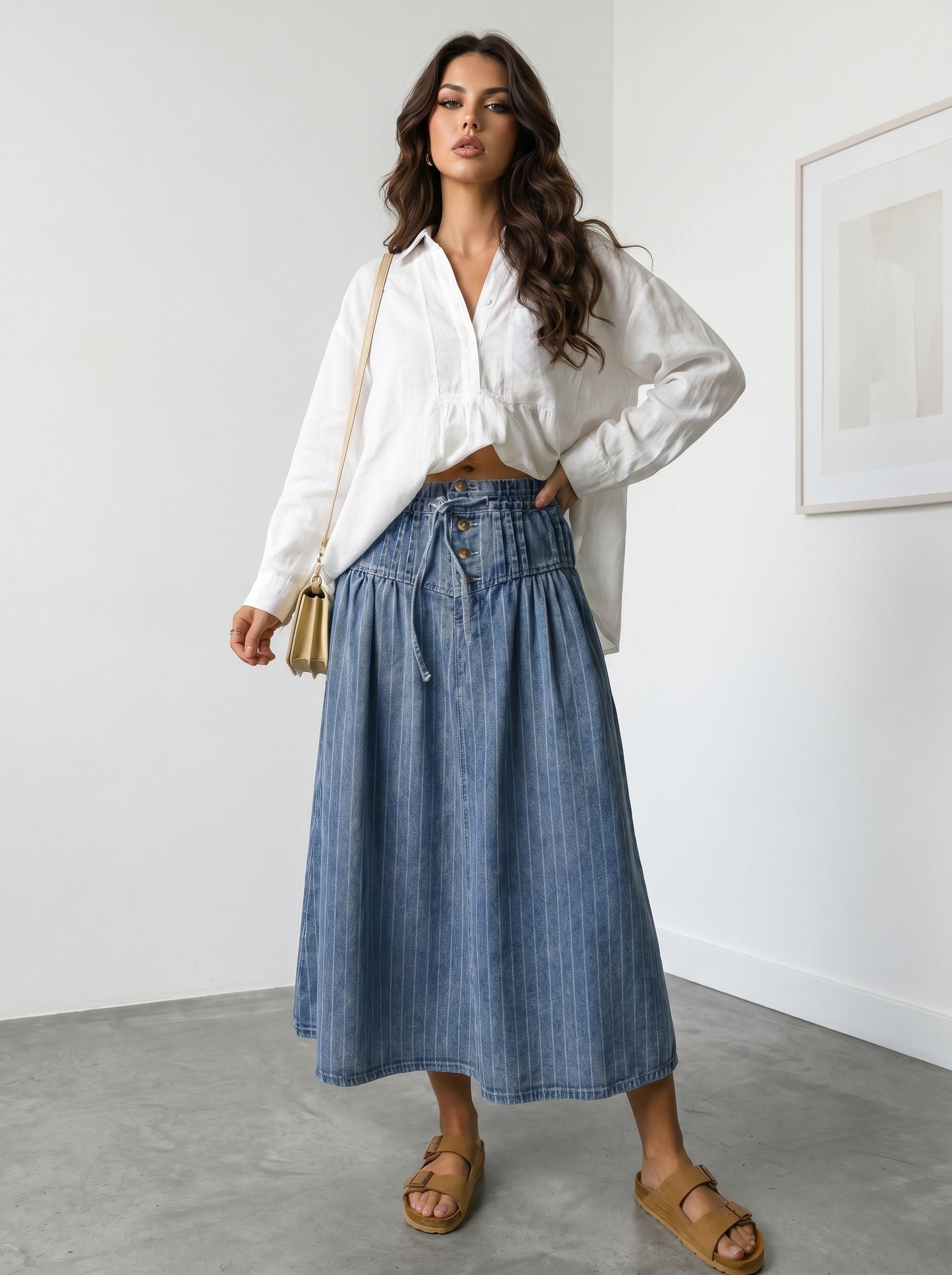High Waisted Striped Denim Midi Skirt