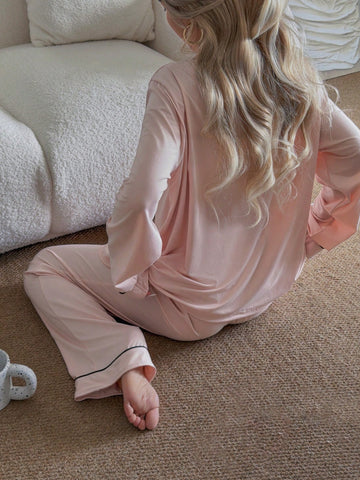 Soft Satin Piping Pajama Sleepwear Set