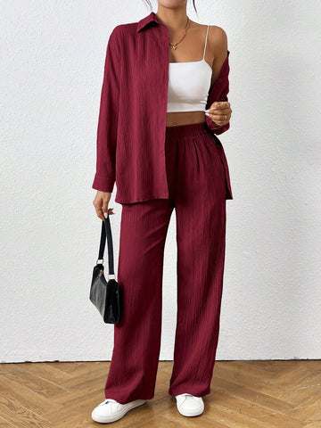 Loose-Fit Shirt Matching Wide-Leg Pants Casual Set