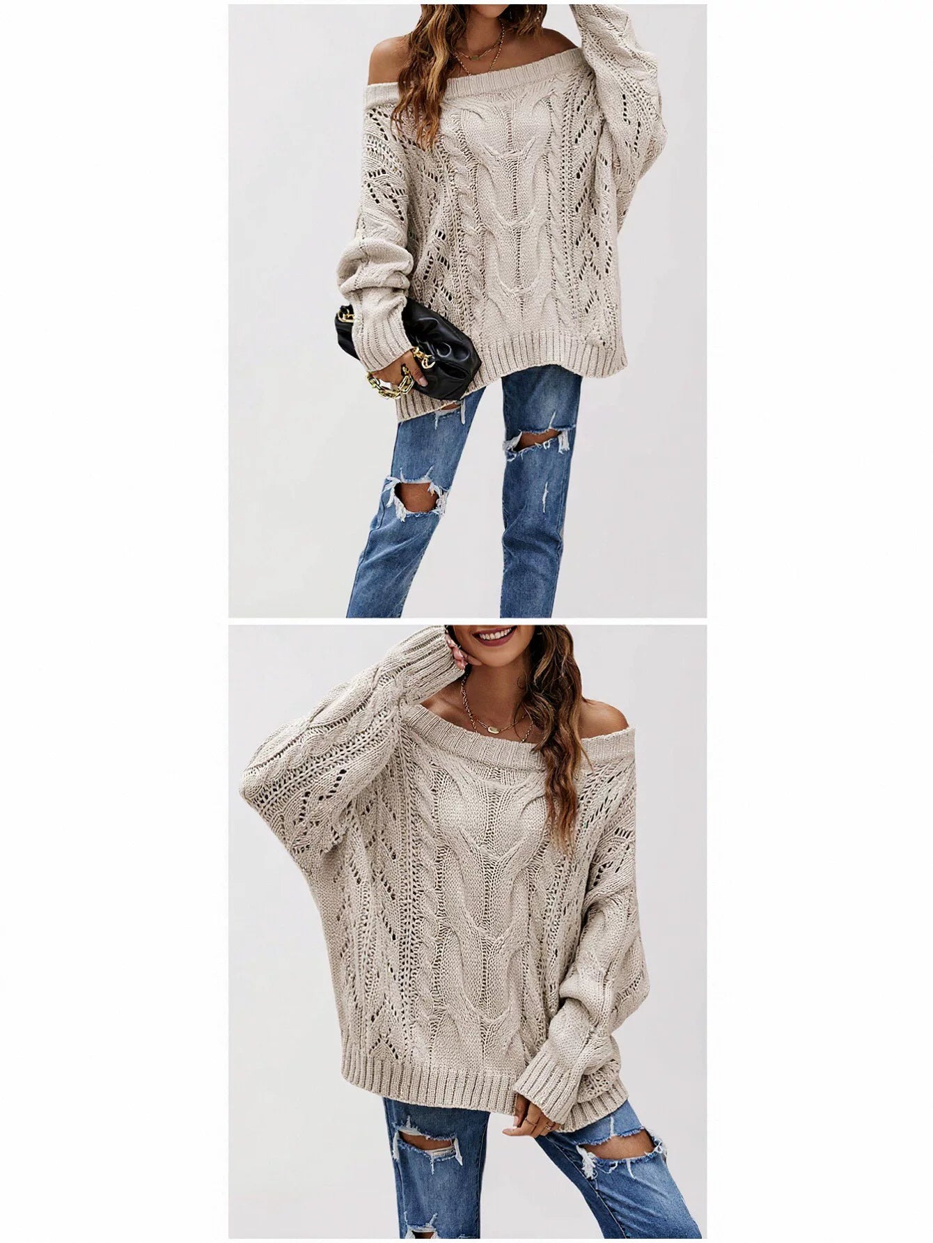 Oversized Off Shoulder Cable Knit Sweater