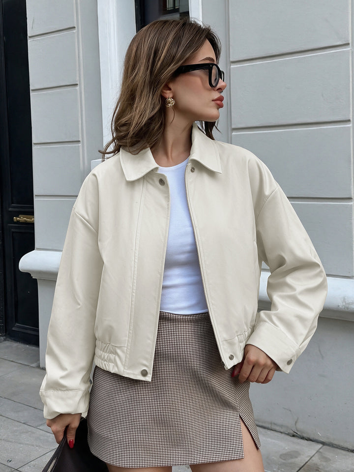 Cream Cropped Faux Leather Jacket