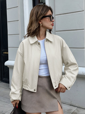 Cream Cropped Faux Leather Jacket