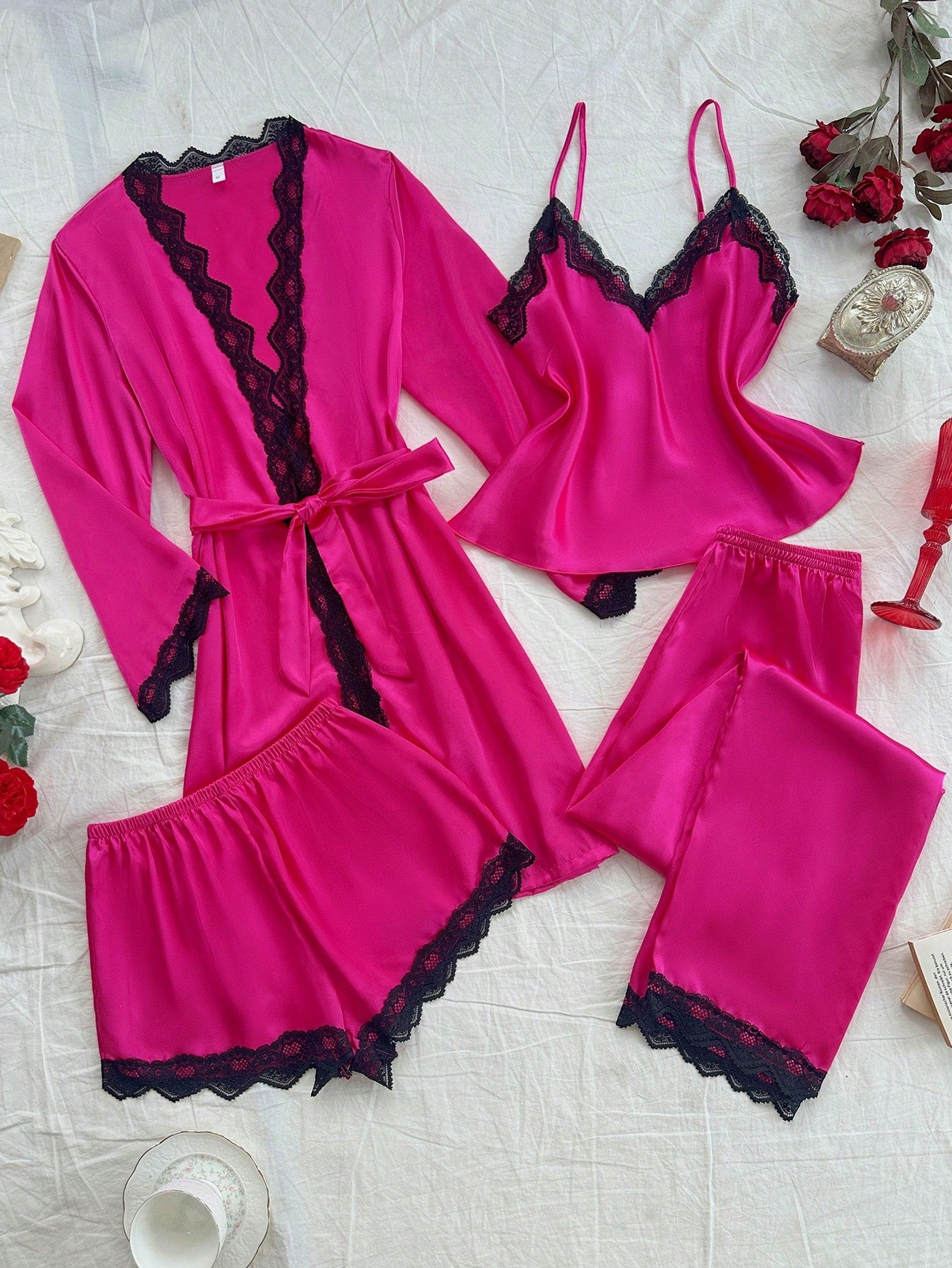 Lace Trim Satin Pajama Set