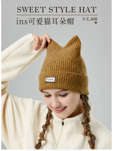Cute Cat Ear Ribbed Knit Beanie
