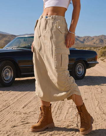 High Waisted Drawstring Denim Midi Skirt