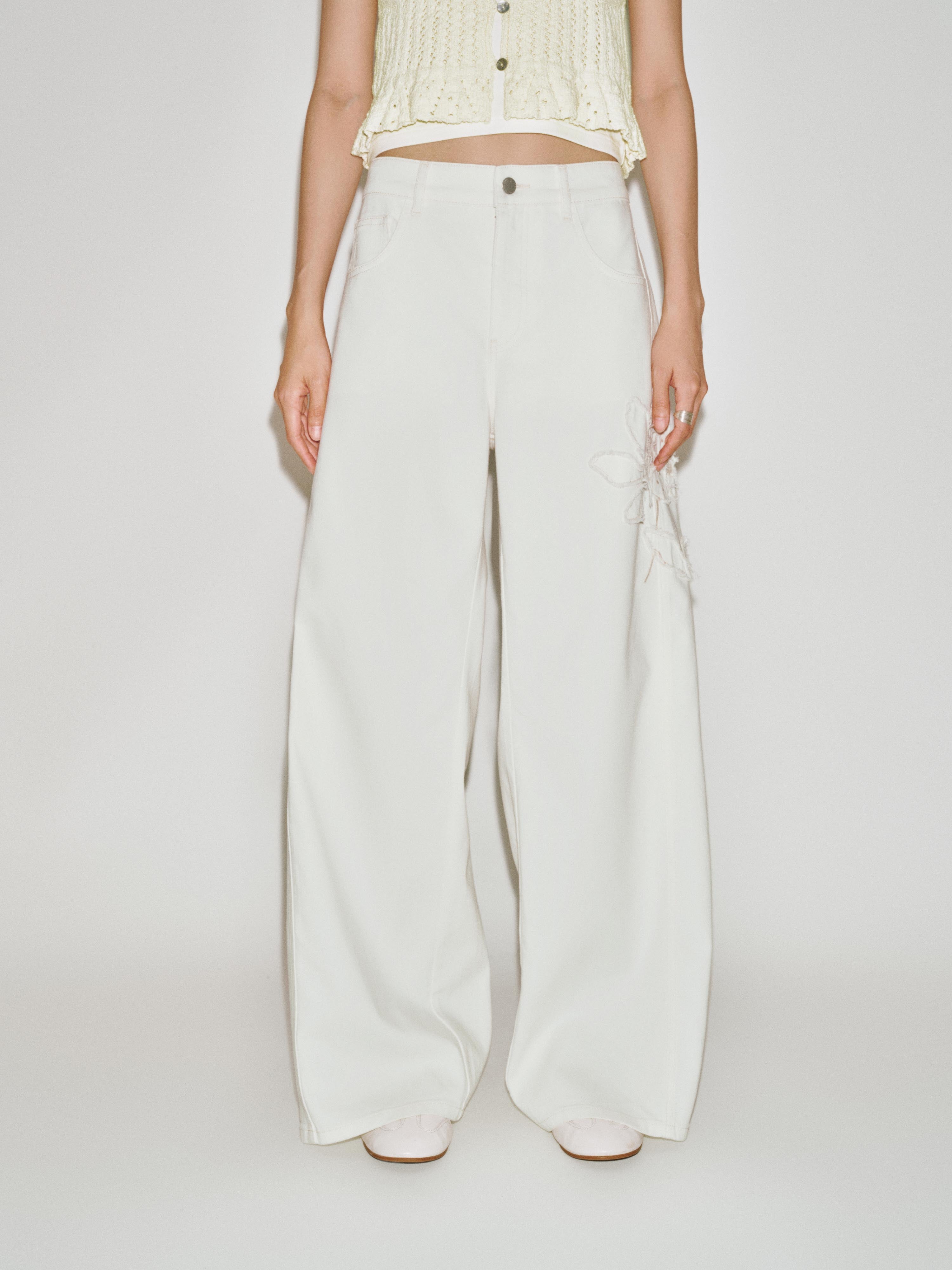 Urban Revivo Floral Embroidered Wide Leg Jeans