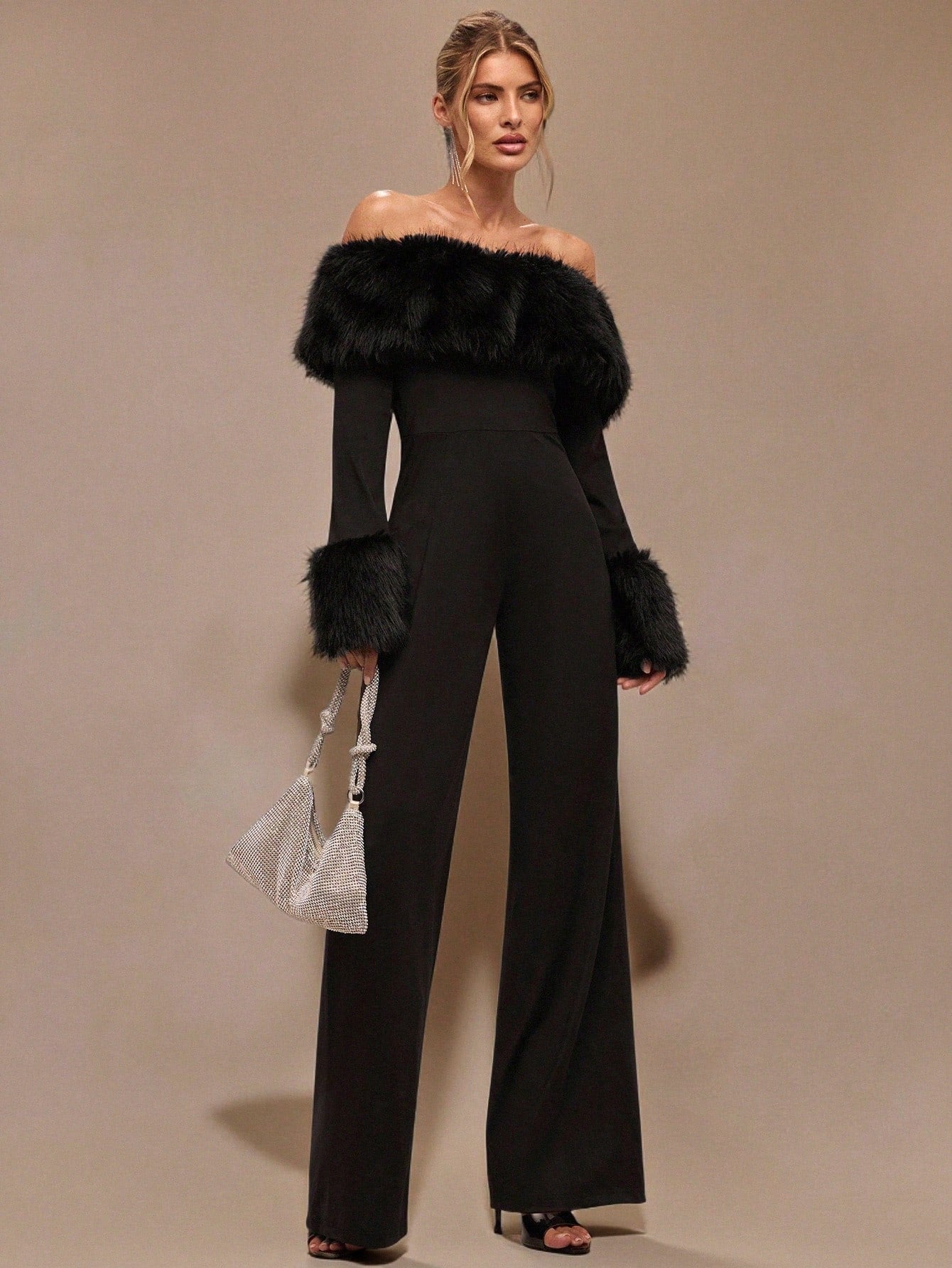 Faux Fur Off Shoulder Jumpsuit