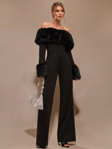 Faux Fur Off Shoulder Jumpsuit