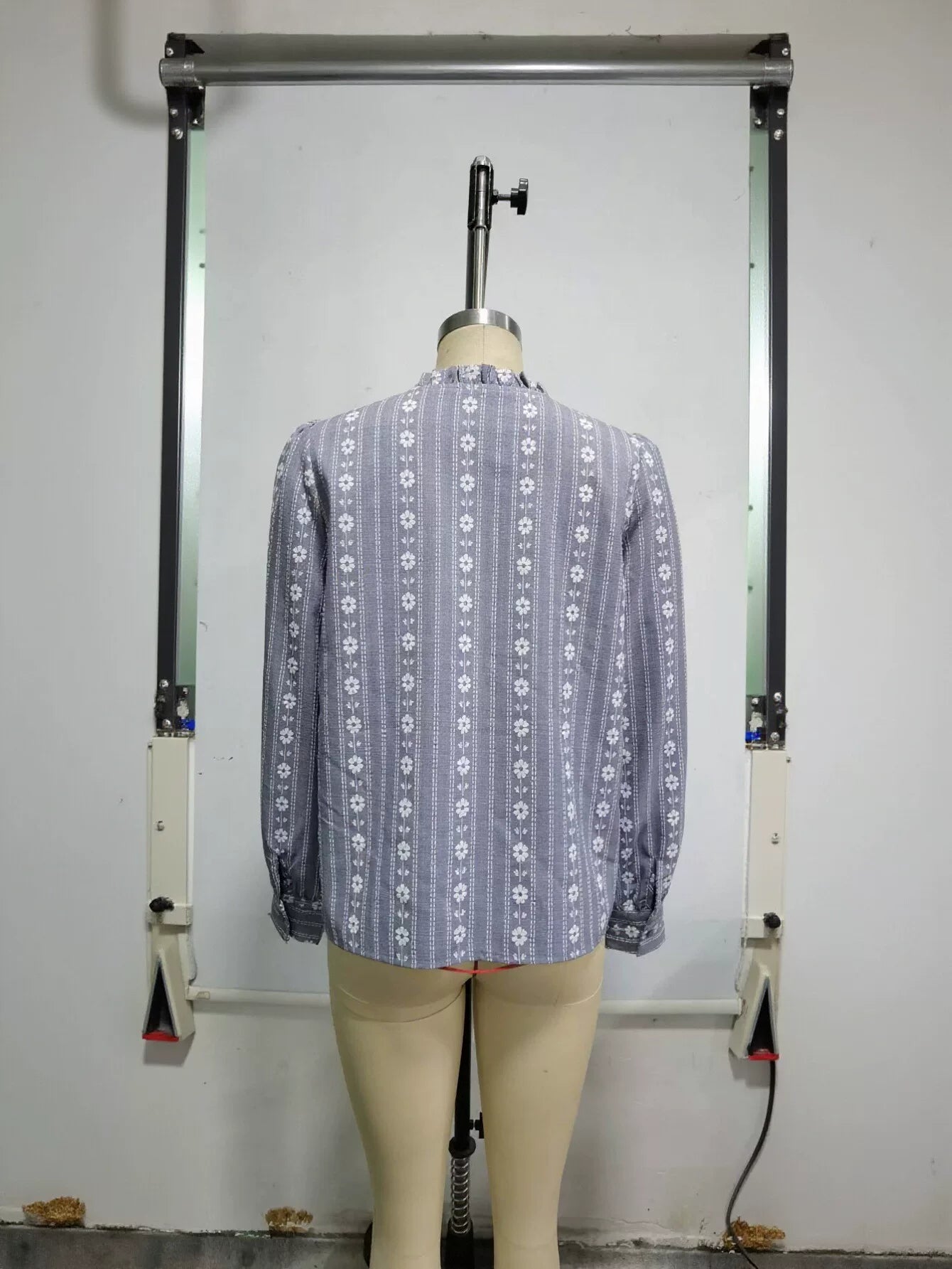 Floral Embroidered Ruffle Neck Button Shirt