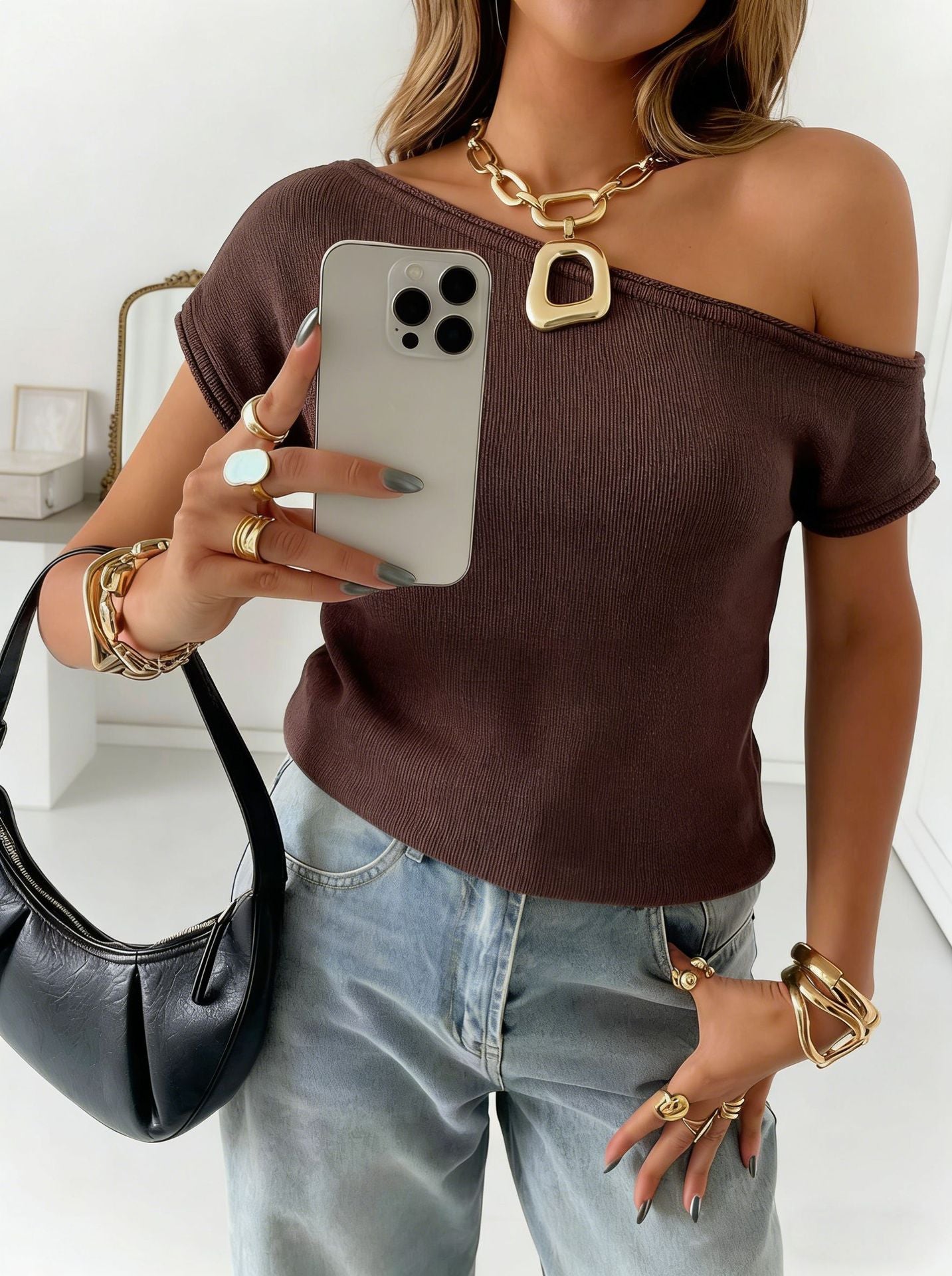 Off Shoulder Ribbed Knit Sweater