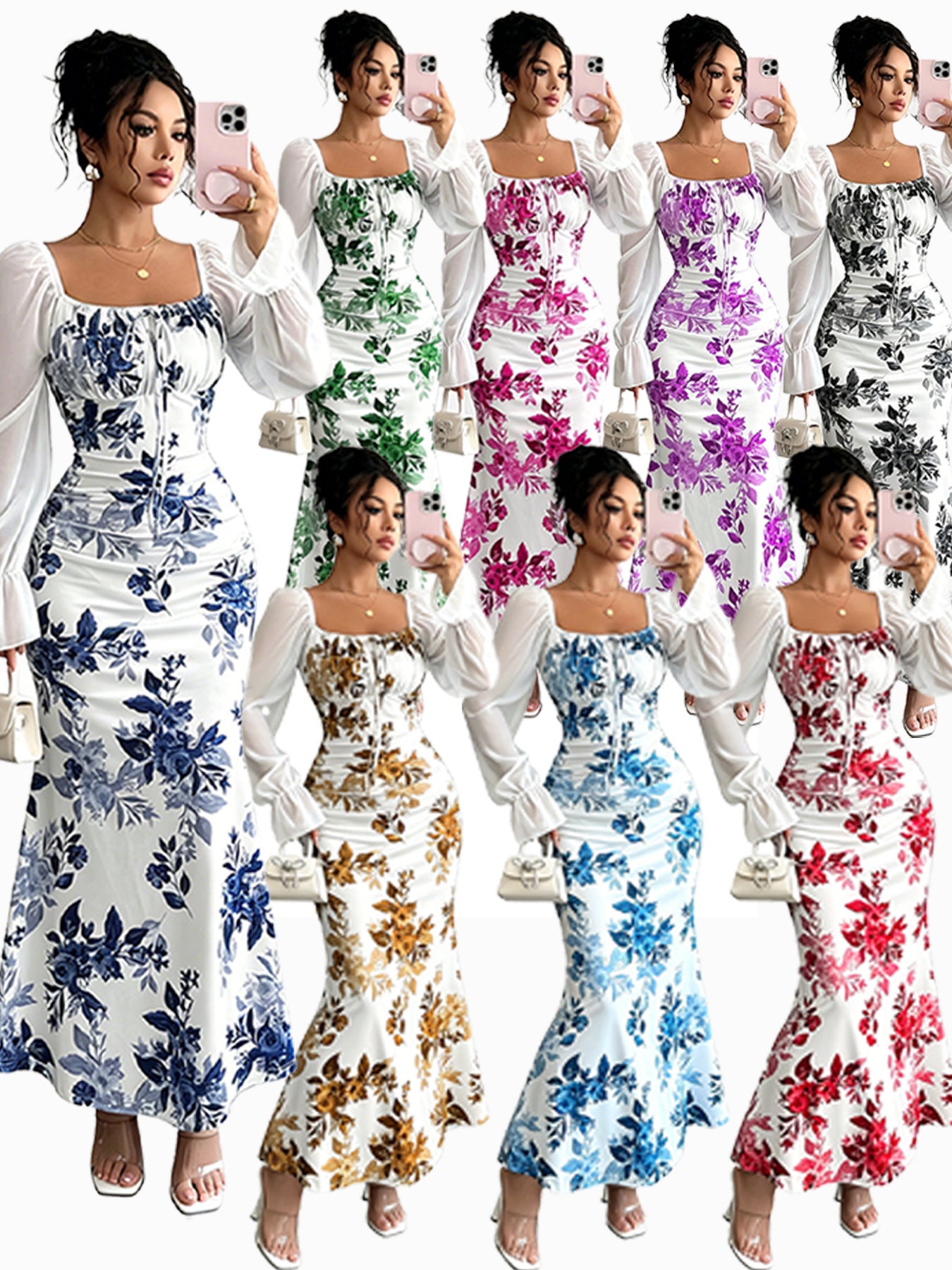 Floral Print Sheer Sleeve Maxi Dress