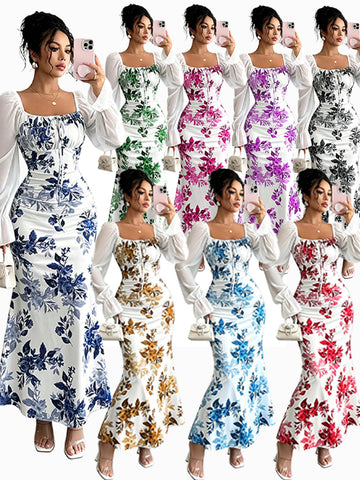 Floral Print Sheer Sleeve Maxi Dress
