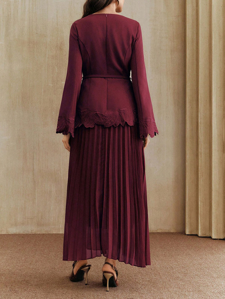 Embroidered Belted Pleated Midi Dress