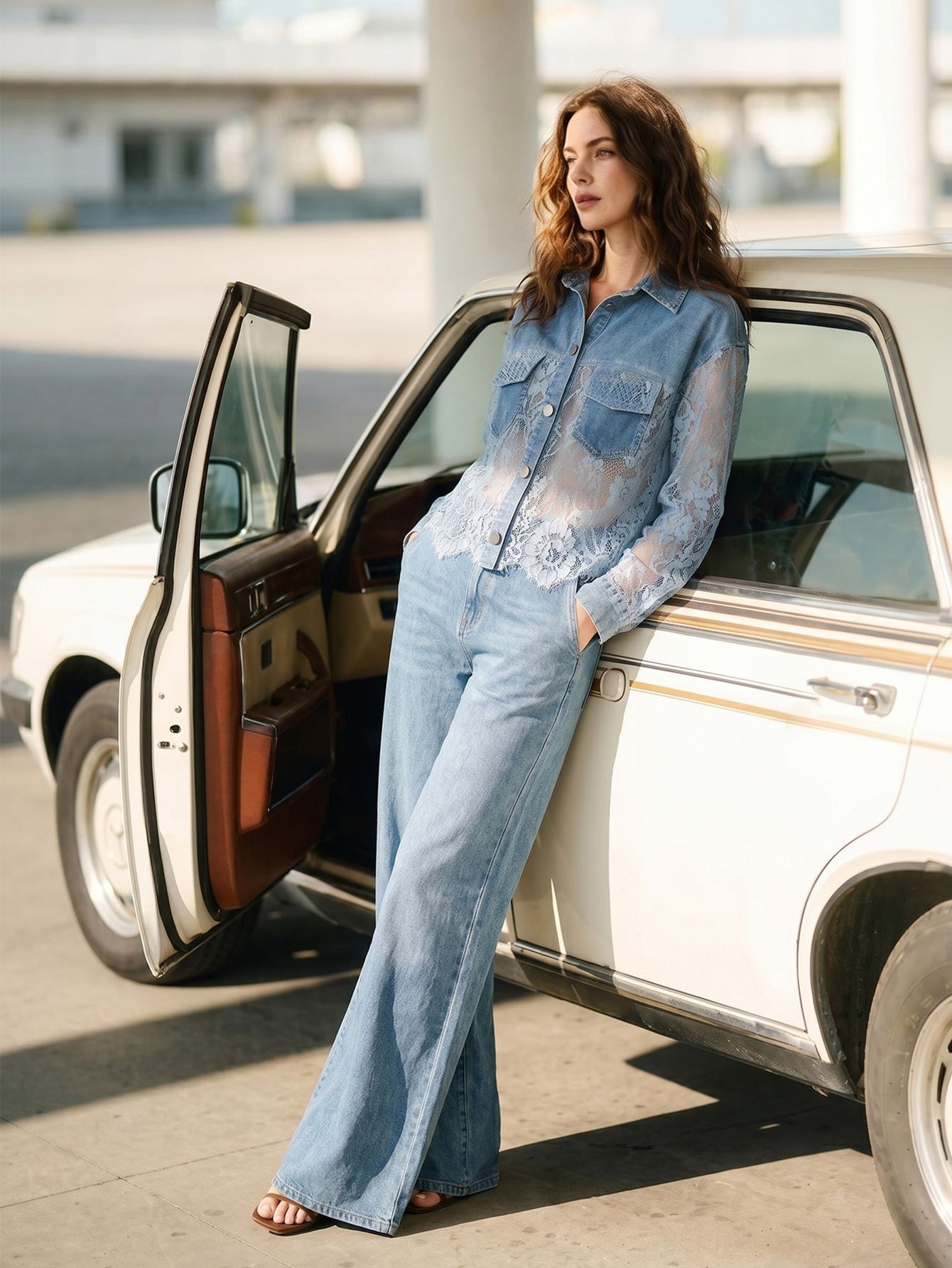 Sheer Lace Patchwork Denim Jacket