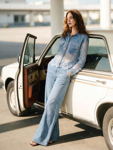 Sheer Lace Patchwork Denim Jacket