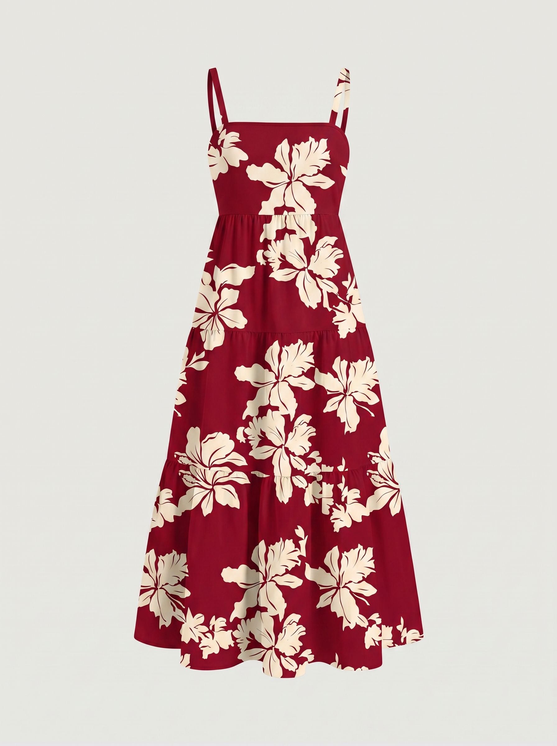 FLORA Floral Print Tiered Strap Midi Dress