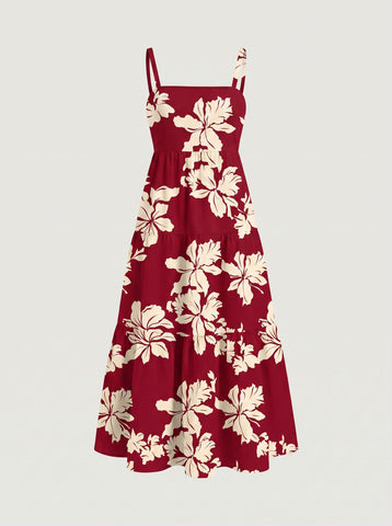 FLORA Floral Print Tiered Strap Midi Dress