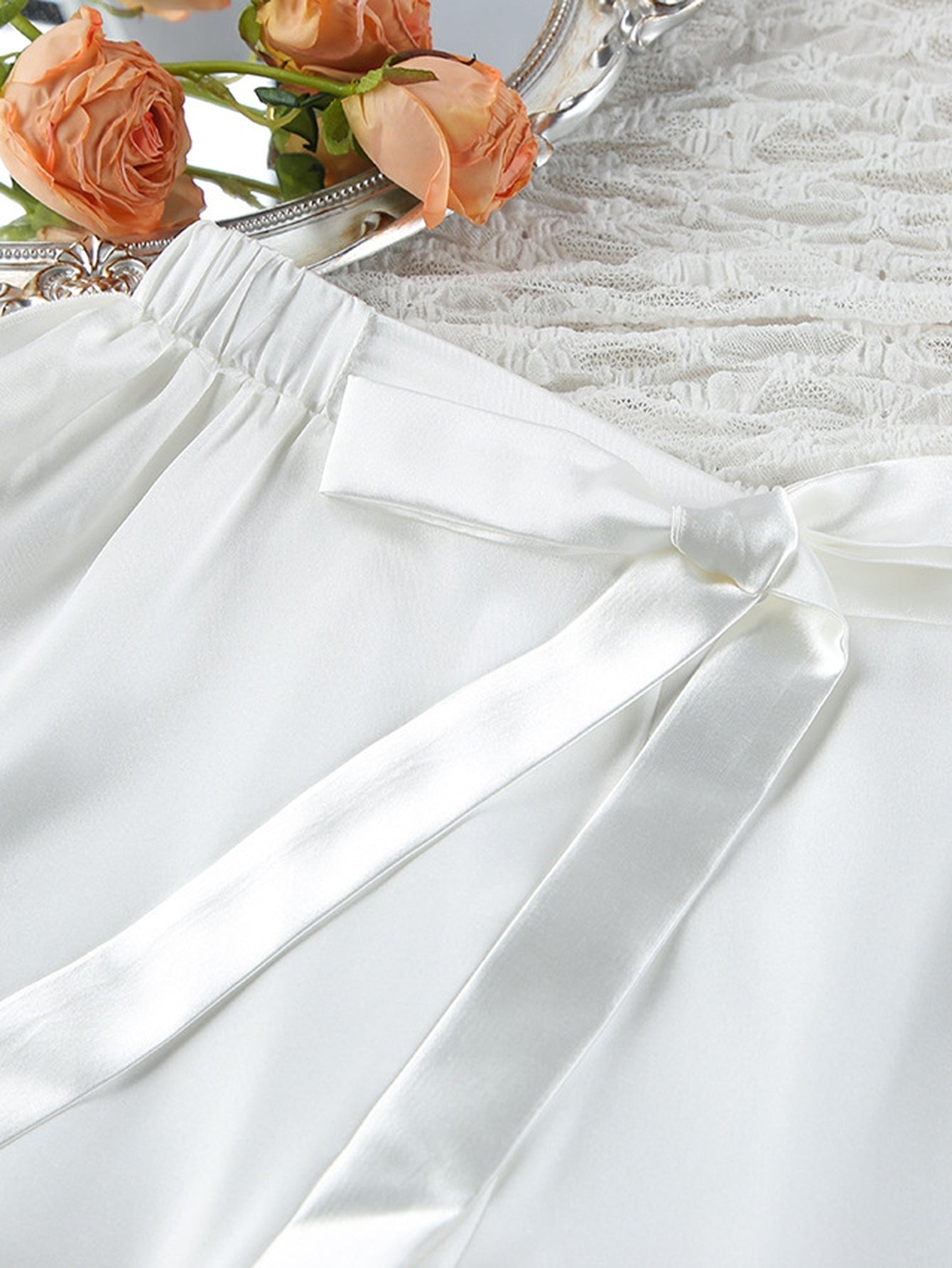 Feather Trim Satin Pajama Set
