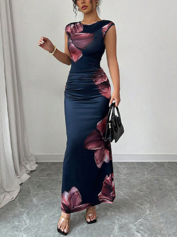 Fitted Floral Sleeveless Wedding Guest Midi Dress