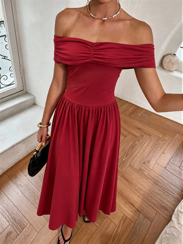 Elegant Off Shoulder Ruched Midi Dress