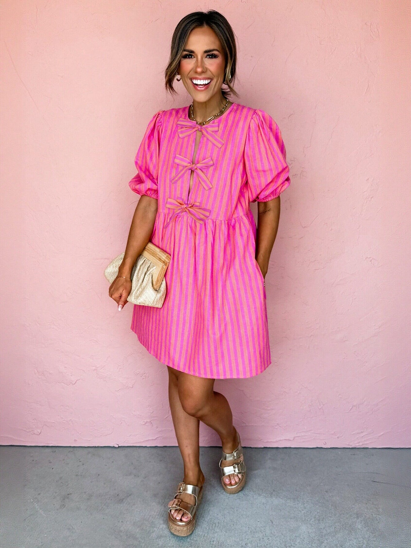 Puff Sleeve Bow Detail Midi Dress