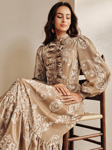 Boho Ruffled Paisley Print Maxi Dress
