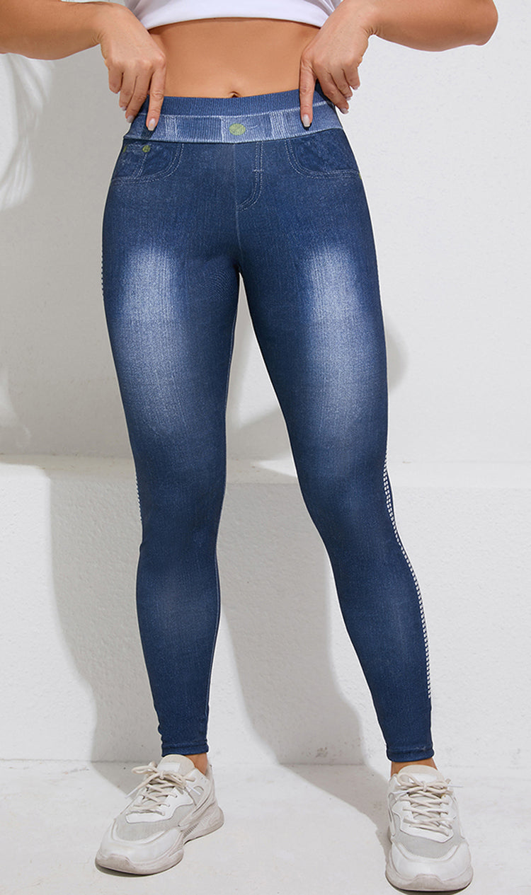 Side-Dot Denim-Print Stretchy Stylish Yoga Pants-Blue